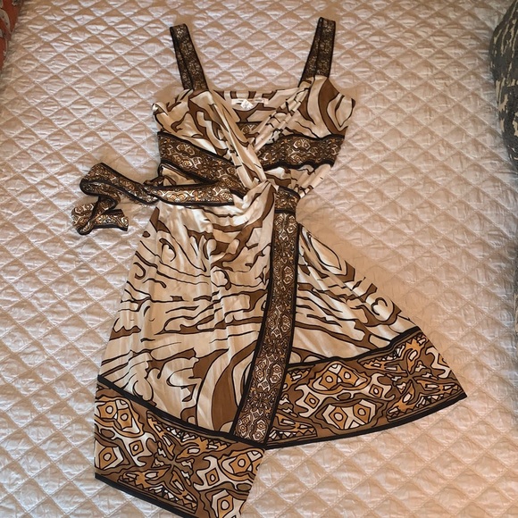 light brown suede dress DIANE VON FURSTENBERG Size M Brown Magenta Silk Abstract Floral Wrap D –  Sui Generis Designer Consignment main image 1